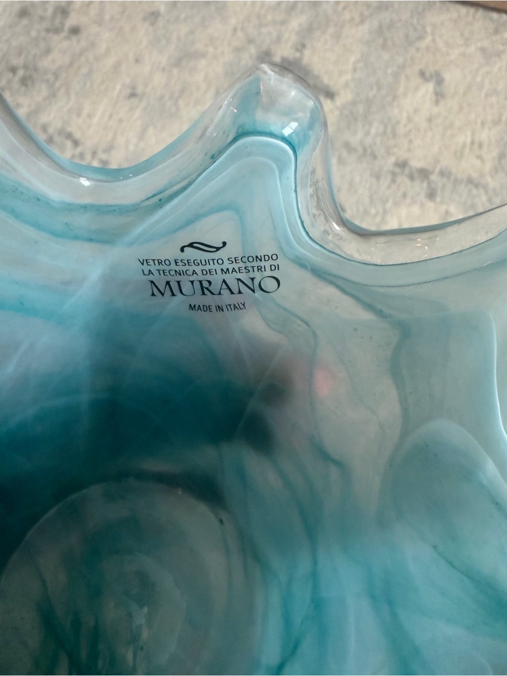 Italian Murano Style Aqua Blue Art Glass Ruffled Vase Bowl Made in Italy